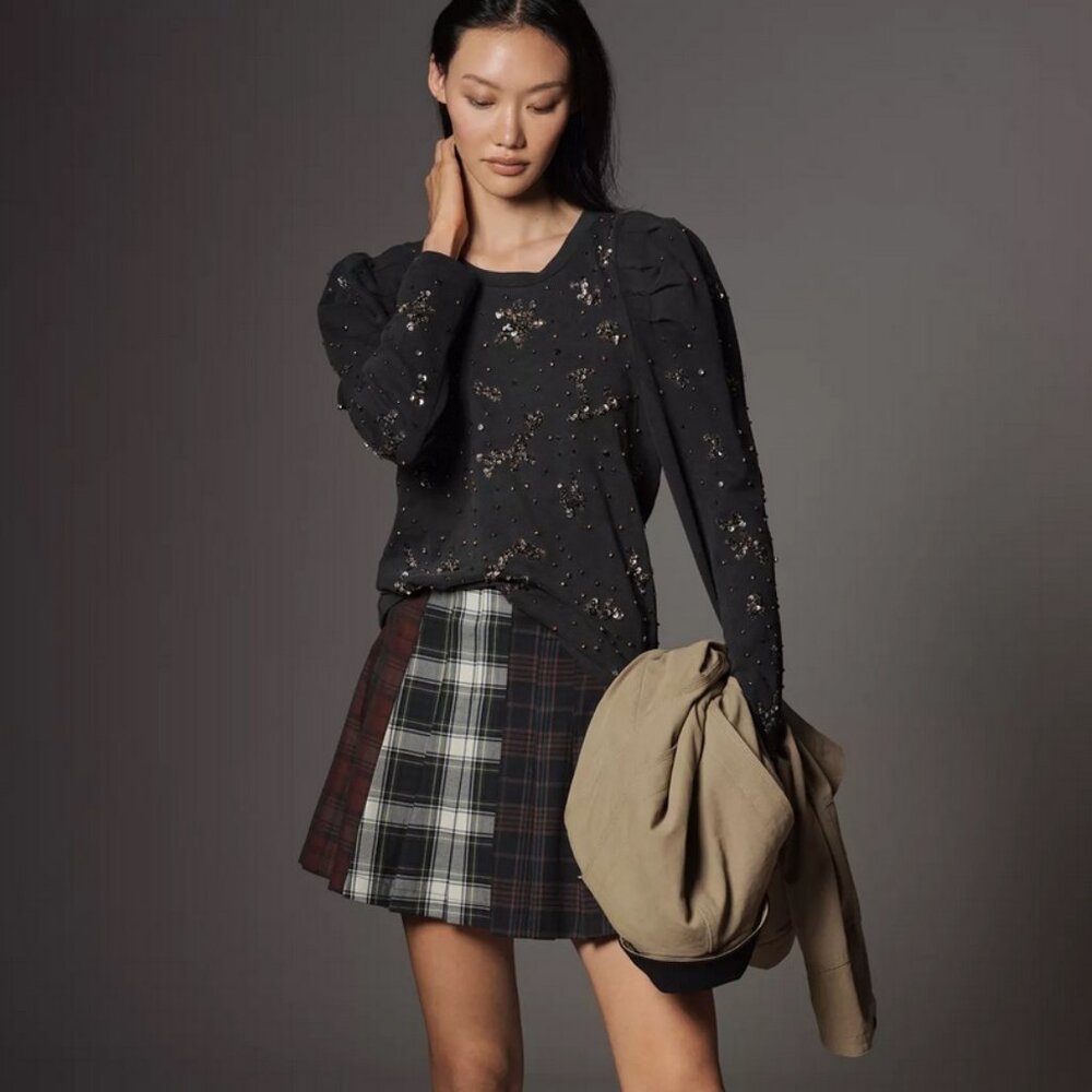 Pilcro Puff-Sleeve Embellished Top by Anthropologie Carbon Black size XL nwt